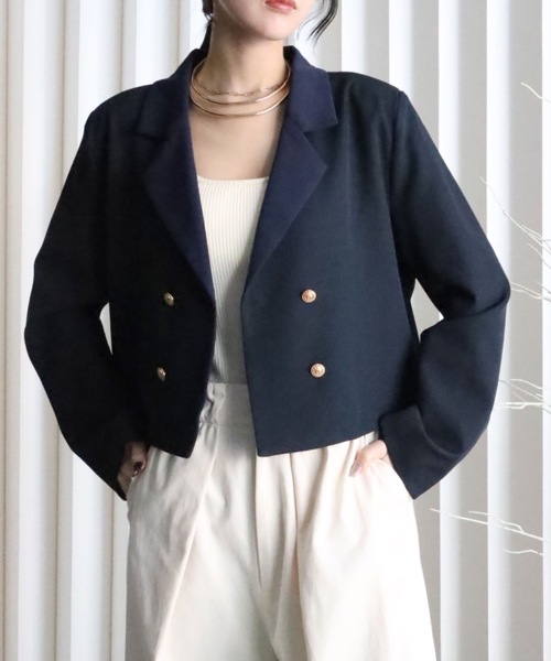 YENNA（イェンナ）の「【配色ショートテーラードジャケット】ストライプ・チェック・無地テーラード/卒業式/入学式/オケージョンジャケット（テーラードジャケット・レディース・ネイビー/ブラウン/グレイッシュベージュ/チャコールグレー/ベージュ/グレー系その他/ブルー系その他/ブラック系その他・FREE）」の8枚目の写真