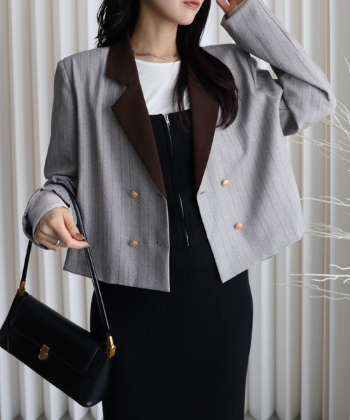 YENNA（イェンナ）の「【配色ショートテーラードジャケット】ストライプ・チェック・無地テーラード/卒業式/入学式/オケージョンジャケット（テーラードジャケット・レディース・ネイビー/ブラウン/グレイッシュベージュ/チャコールグレー/ベージュ/グレー系その他/ブルー系その他/ブラック系その他・FREE）」の6枚目の写真