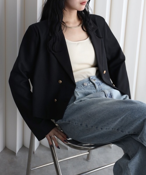 YENNA（イェンナ）の「【配色ショートテーラードジャケット】ストライプ・チェック・無地テーラード/卒業式/入学式/オケージョンジャケット（テーラードジャケット・レディース・ネイビー/ブラウン/グレイッシュベージュ/チャコールグレー/ベージュ/グレー系その他/ブルー系その他/ブラック系その他・FREE）」の20枚目の写真