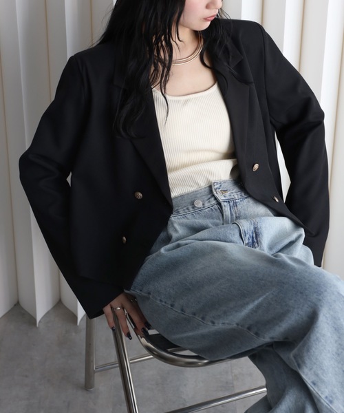 YENNA（イェンナ）の「【配色ショートテーラードジャケット】ストライプ・チェック・無地テーラード/卒業式/入学式/オケージョンジャケット（テーラードジャケット・レディース・ネイビー/ブラウン/グレイッシュベージュ/チャコールグレー/ベージュ/グレー系その他/ブルー系その他/ブラック系その他・FREE）」の21枚目の写真