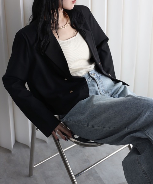 YENNA（イェンナ）の「【配色ショートテーラードジャケット】ストライプ・チェック・無地テーラード/卒業式/入学式/オケージョンジャケット（テーラードジャケット・レディース・ネイビー/ブラウン/グレイッシュベージュ/チャコールグレー/ベージュ/グレー系その他/ブルー系その他/ブラック系その他・FREE）」の22枚目の写真