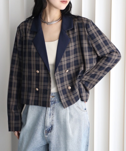 YENNA(イェンナ)の「【配色ショートテーラードジャケット】ストライプ・チェック・無地テーラード/卒業式/入学式/オケージョンジャケット(テーラードジャケット・レディース・ネイビー/ブラウン/グレイッシュベージュ/チャコールグレー/ベージュ/グレー系その他/ブルー系その他/ブラック系その他・FREE)」の16枚目の写真
