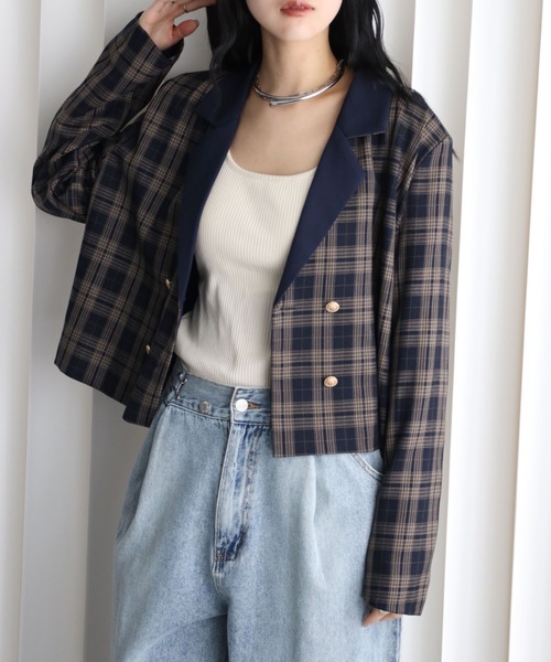 YENNA(イェンナ)の「【配色ショートテーラードジャケット】ストライプ・チェック・無地テーラード/卒業式/入学式/オケージョンジャケット(テーラードジャケット・レディース・ネイビー/ブラウン/グレイッシュベージュ/チャコールグレー/ベージュ/グレー系その他/ブルー系その他/ブラック系その他・FREE)」の17枚目の写真