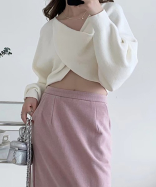 STYLEBLOCK（スタイルブロック）の「クロスショートニット（ニット/セーター・レディース・ブラック/カーキ/ベージュ系その他/グレー・FREE）」の4枚目の写真