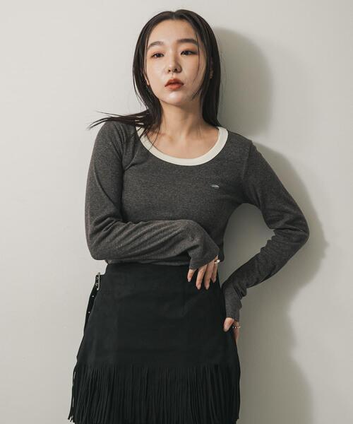 SENSE OF PLACE by URBAN RESEARCH(センスオブプレイスバイアーバンリサーチ)の「ラウンドネックリブTシャツ(Tシャツ/カットソー・レディース・ホワイト系その他/ブラウン/チャコールグレー・ONE)」の5枚目の写真