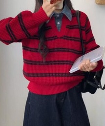 ニット/セーター（レッド/赤色系・ストライプ柄）ファッション通販