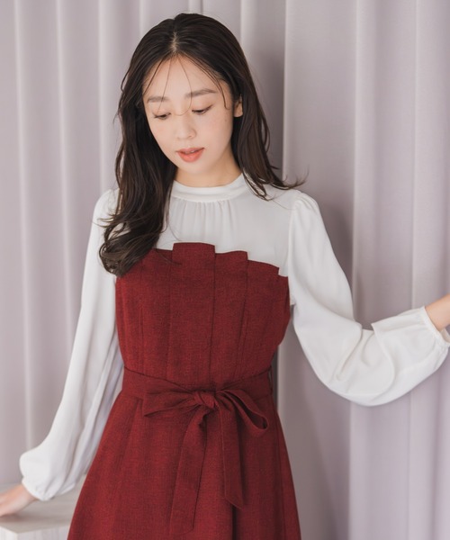 mmichありがとうございます！ 美品 pheeta ベスト ワンピース セール】2025秋冬新作 ビスチェ風ツイードドッキングワンピース