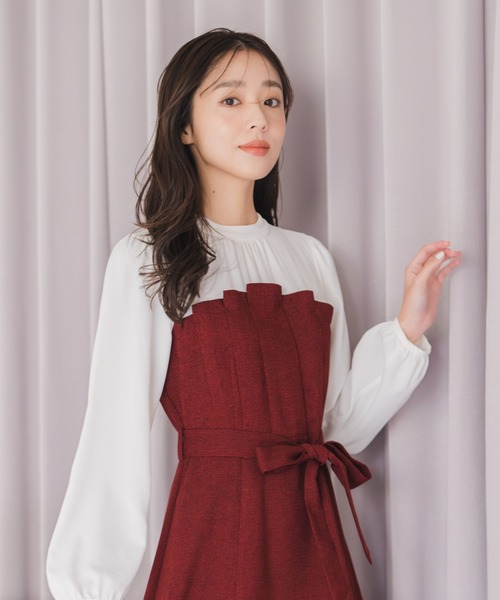 mishamishajp セール】2025秋冬新作 ビスチェ風ツイードドッキングワンピース