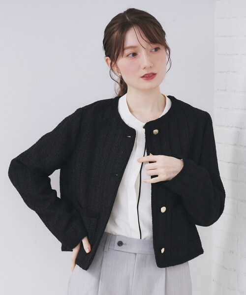 インデックス（index）/ファンシーツイードノーカラージャケット【洗える】 ファンシーツイードノーカラージャケット【洗える】（ノーカラー