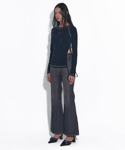 PLACE STUDIO（プレイススタジオ）の「クラックラインウォッシングセミブーツカットデニムパンツ[黒青]（デニムパンツ・レディース・ブラック・SMALL/MEDIUM）」の5枚目の写真