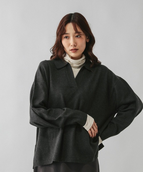 GLOBAL WORK（グローバルワーク）の「フワフワHugmeスキッパー/598019（ニット/セーター・レディース・チャコールグレー/グレー/ダークブラウン・LARGE/MEDIUM）」の2枚目の写真