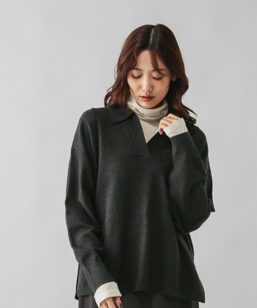 GLOBAL WORK（グローバルワーク）の「フワフワHugmeスキッパー/598019（ニット/セーター・レディース・チャコールグレー/グレー/ダークブラウン・LARGE/MEDIUM）」の6枚目の写真