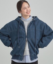 【ダブルZIP】大人カジュアルスタイルに デニム中綿フーディーブルゾン