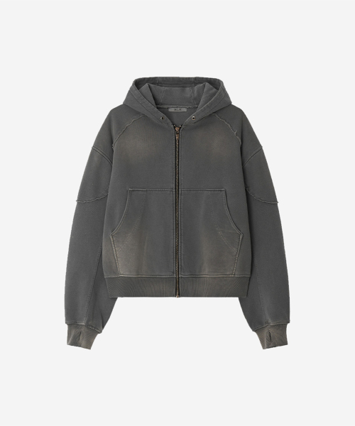 Bleached Curved Incision Sweat Hoodie Zip-up Grey (M)