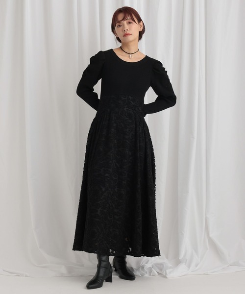 mysty woman（ミスティウーマン）の「カットジャガードドッキングワンピース 636605（ワンピース・レディース・ブラック/ピンクベージュ/アイボリー・FREE）」の5枚目の写真