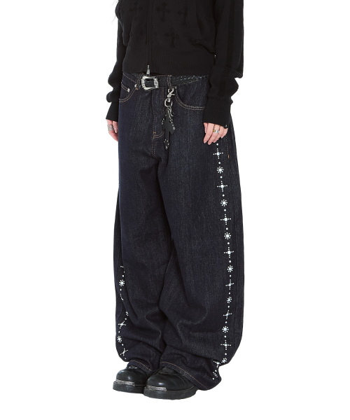 セール】Side Rhinestone Denim Pants (Dark Blue)（デニムパンツ