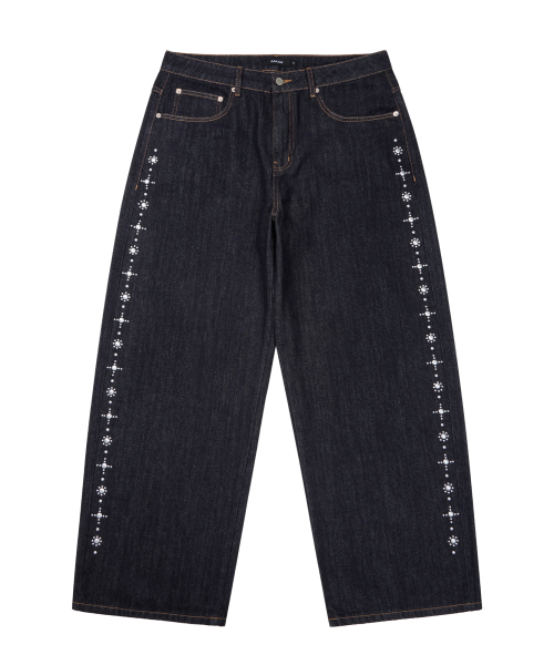 セール】Side Rhinestone Denim Pants (Dark Blue)（デニムパンツ