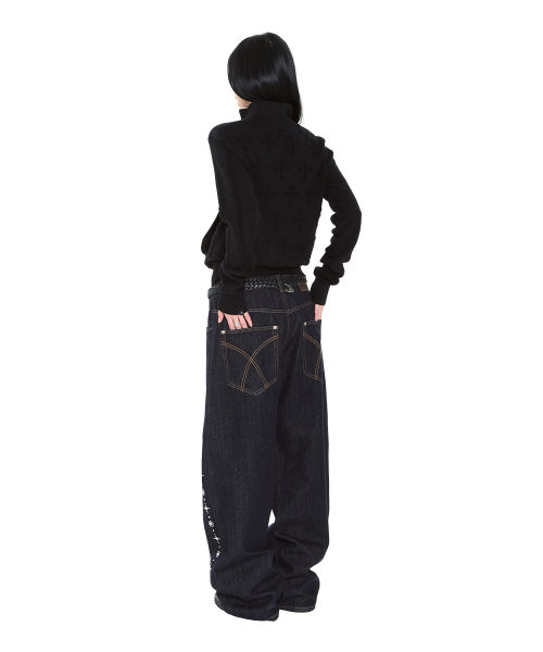 セール】Side Rhinestone Denim Pants (Dark Blue)（デニムパンツ