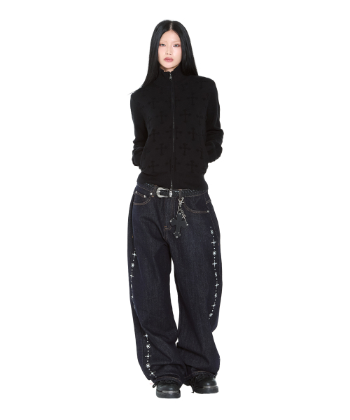 セール】Side Rhinestone Denim Pants (Dark Blue)（デニムパンツ