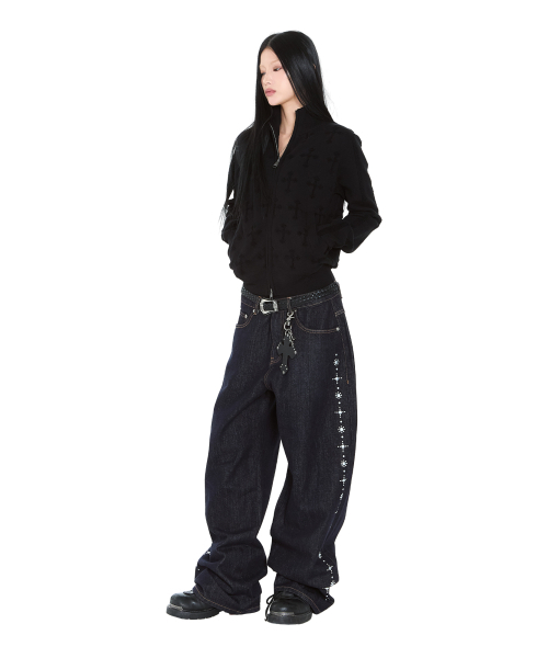 Side Rhinestone Denim Pants (Dark Blue)（デニムパンツ）｜AAKAM