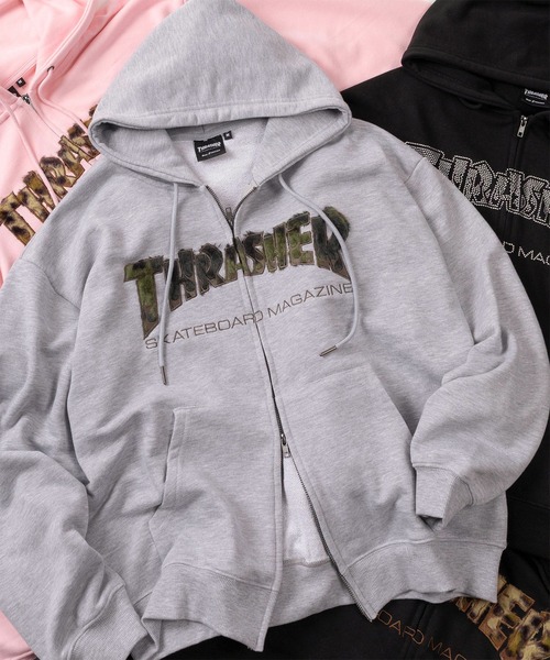 THRASHER（スラッシャー）の「【70】【THRASHER/スラッシャー】ブランドロゴ アップリケ刺繍 裏毛 ジップパーカー/ダブルジップ/ショート丈有り（パーカー・メンズ・ピンク/ブラック/ブラック系その他2/ブラック系その他/グレー・FREE/M/L/XL）」の5枚目の写真