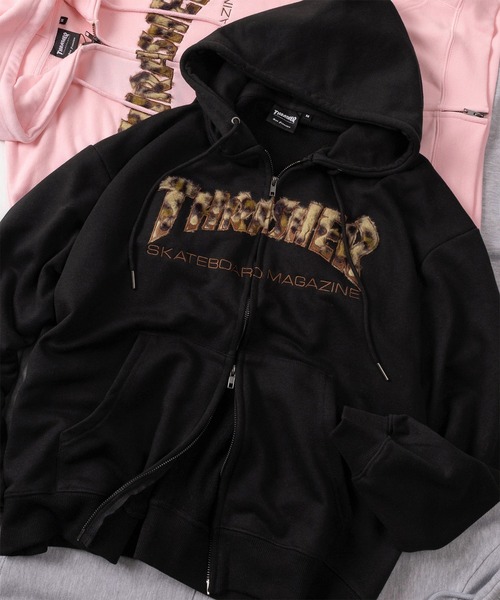 THRASHER（スラッシャー）の「【70】【THRASHER/スラッシャー】ブランドロゴ アップリケ刺繍 裏毛 ジップパーカー/ダブルジップ/ショート丈有り（パーカー・メンズ・ピンク/ブラック/ブラック系その他2/ブラック系その他/グレー・FREE/M/L/XL）」の4枚目の写真