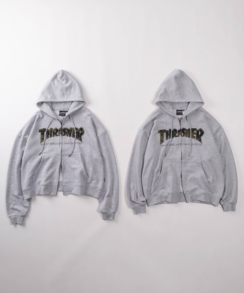 THRASHER（スラッシャー）の「【70】【THRASHER/スラッシャー】ブランドロゴ アップリケ刺繍 裏毛 ジップパーカー/ダブルジップ/ショート丈有り（パーカー・メンズ・ピンク/ブラック/ブラック系その他2/ブラック系その他/グレー・FREE/M/L/XL）」の18枚目の写真