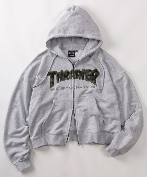 THRASHER（スラッシャー）の「【70】【THRASHER/スラッシャー】ブランドロゴ アップリケ刺繍 裏毛 ジップパーカー/ダブルジップ/ショート丈有り（パーカー・メンズ・ピンク/ブラック/ブラック系その他2/ブラック系その他/グレー・FREE/M/L/XL）」の19枚目の写真