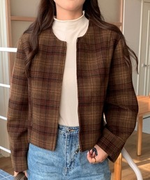 新品タグ付 ノートエシロンス タータンチェック ノーカラージャケット ブラウン系 新品タグ付 ノートエシロンス タータンチェック ノーカラージャケット