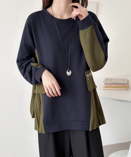 emi+(エミプラス)の「サイド異素材プリーツドッキングプルオーバー(Tシャツ/カットソー・レディース・カーキ/ブラック/ネイビー・FREE)」の12枚目の写真