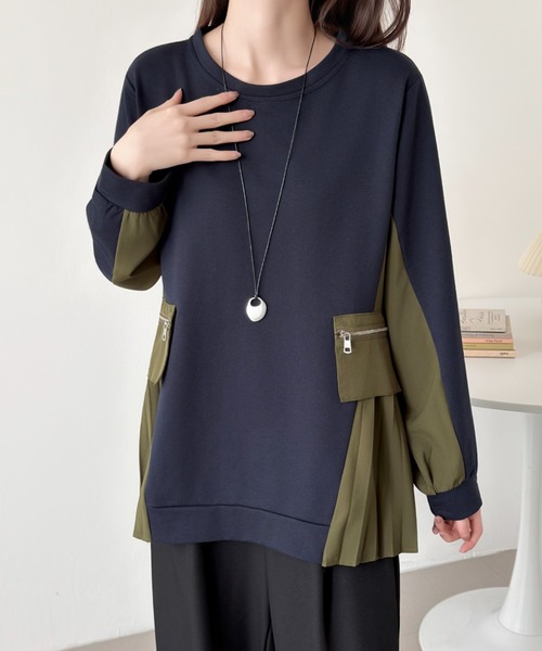 emi+(エミプラス)の「サイド異素材プリーツドッキングプルオーバー(Tシャツ/カットソー・レディース・カーキ/ブラック/ネイビー・FREE)」の14枚目の写真