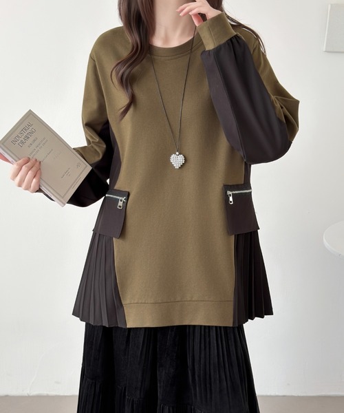 emi+(エミプラス)の「サイド異素材プリーツドッキングプルオーバー(Tシャツ/カットソー・レディース・カーキ/ブラック/ネイビー・FREE)」の8枚目の写真