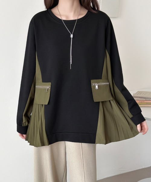 emi+(エミプラス)の「サイド異素材プリーツドッキングプルオーバー(Tシャツ/カットソー・レディース・カーキ/ブラック/ネイビー・FREE)」の18枚目の写真