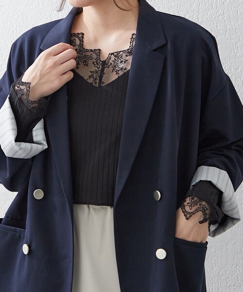 Remind me and forever(リマインドミーアンドフォーエバー)の「【定番アイテム!】テレコVレース長袖プルオーバー(Tシャツ/カットソー・レディース・オフホワイト/ブラック・FREE)」の2枚目の写真