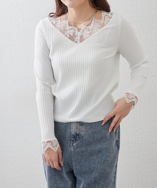 Remind me and forever(リマインドミーアンドフォーエバー)の「【定番アイテム!】テレコVレース長袖プルオーバー(Tシャツ/カットソー・レディース・オフホワイト/ブラック・FREE)」の5枚目の写真