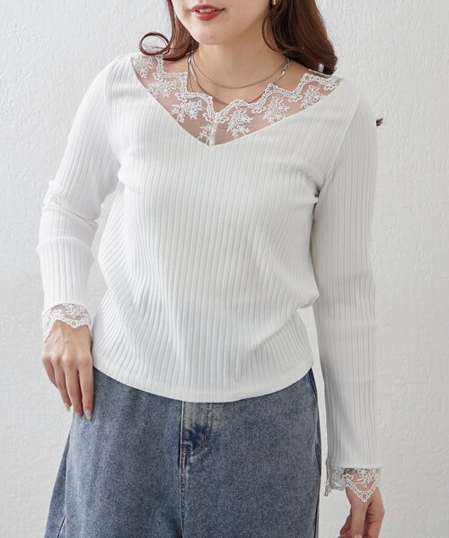 Remind me and forever(リマインドミーアンドフォーエバー)の「【定番アイテム!】テレコVレース長袖プルオーバー(Tシャツ/カットソー・レディース・オフホワイト/ブラック・FREE)」の6枚目の写真