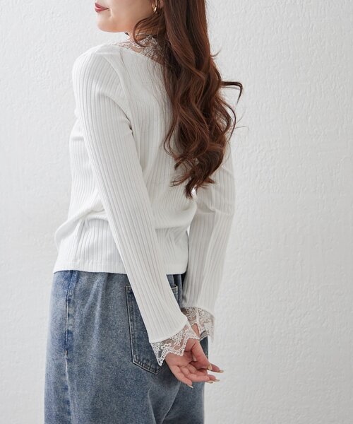 Remind me and forever(リマインドミーアンドフォーエバー)の「【定番アイテム!】テレコVレース長袖プルオーバー(Tシャツ/カットソー・レディース・オフホワイト/ブラック・FREE)」の7枚目の写真