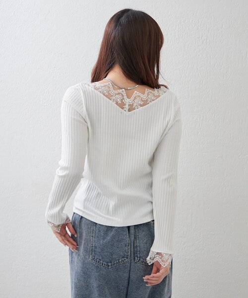 Remind me and forever(リマインドミーアンドフォーエバー)の「【定番アイテム!】テレコVレース長袖プルオーバー(Tシャツ/カットソー・レディース・オフホワイト/ブラック・FREE)」の8枚目の写真