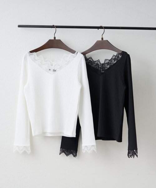 Remind me and forever(リマインドミーアンドフォーエバー)の「【定番アイテム!】テレコVレース長袖プルオーバー(Tシャツ/カットソー・レディース・オフホワイト/ブラック・FREE)」の10枚目の写真