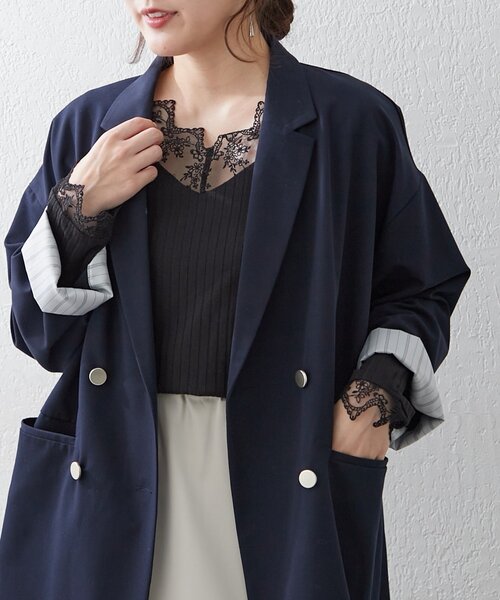 Remind me and forever(リマインドミーアンドフォーエバー)の「【定番アイテム!】テレコVレース長袖プルオーバー(Tシャツ/カットソー・レディース・オフホワイト/ブラック・FREE)」の12枚目の写真