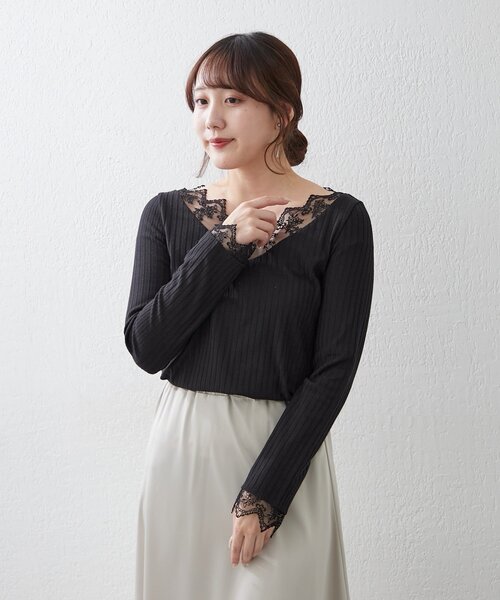 Remind me and forever(リマインドミーアンドフォーエバー)の「【定番アイテム!】テレコVレース長袖プルオーバー(Tシャツ/カットソー・レディース・オフホワイト/ブラック・FREE)」の15枚目の写真