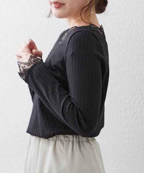 Remind me and forever(リマインドミーアンドフォーエバー)の「【定番アイテム!】テレコVレース長袖プルオーバー(Tシャツ/カットソー・レディース・オフホワイト/ブラック・FREE)」の16枚目の写真