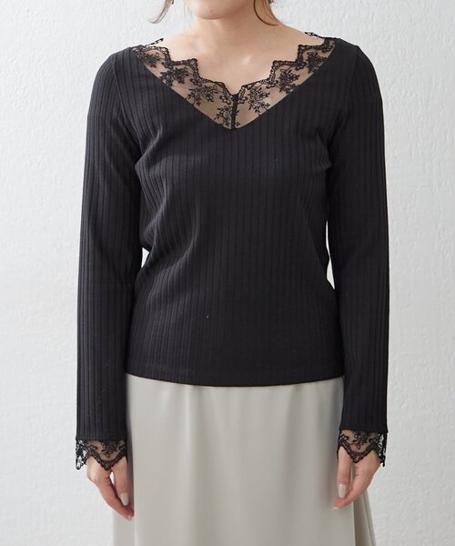 Remind me and forever(リマインドミーアンドフォーエバー)の「【定番アイテム!】テレコVレース長袖プルオーバー(Tシャツ/カットソー・レディース・オフホワイト/ブラック・FREE)」の20枚目の写真