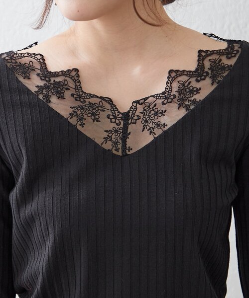 Remind me and forever(リマインドミーアンドフォーエバー)の「【定番アイテム!】テレコVレース長袖プルオーバー(Tシャツ/カットソー・レディース・オフホワイト/ブラック・FREE)」の22枚目の写真