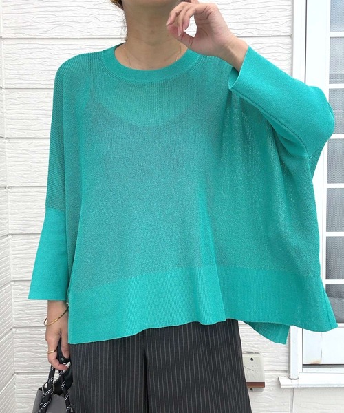 Q（キュー）の「UV片畦ボックスニット（ニット/セーター・レディース・エメラルド/ベージュ/ブラック・MEDIUM）」の10枚目の写真