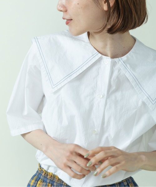 PAR ICI(パーリッシィ)の「タイプライター セーラーカラーブラウス(シャツ/ブラウス・レディース・ホワイト/ストライプ/チャコールグレー/サックスブルー・FREE)」の2枚目の写真
