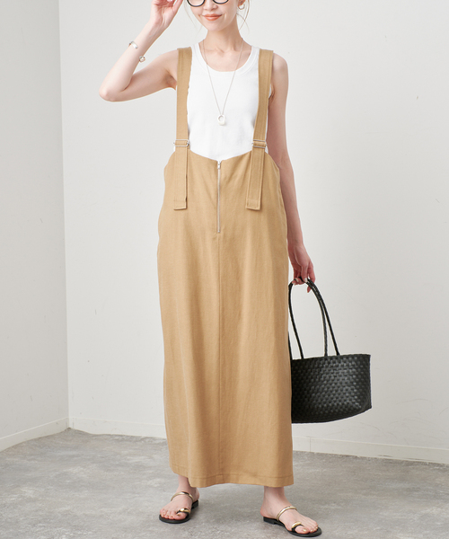 SLOBE IENA(スローブイエナ)の「《WEB限定》アイラインフロントジップジャンパースカート(ワンピース・レディース・ベージュ/ブラック・FREE)」の4枚目の写真