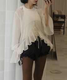 Ameri（アメリ）の「＜ZOZOTOWN限定＞RIBBON FRILL SHEER BROUSE（シャツ/ブラウス）」