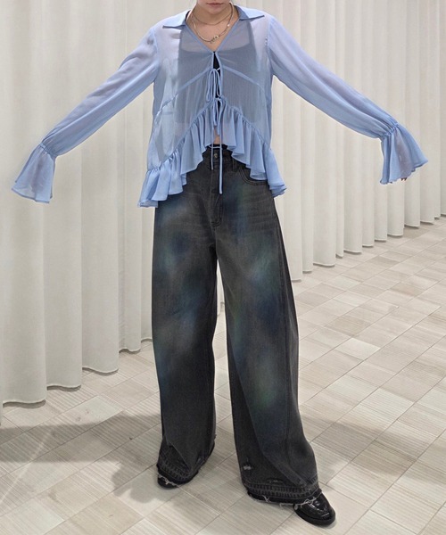 Ameri(アメリ)の「<ZOZOTOWN限定>RIBBON FRILL SHEER BROUSE(シャツ/ブラウス・レディース・ネイビー/アイボリー/ブルー・FREE)」の8枚目の写真