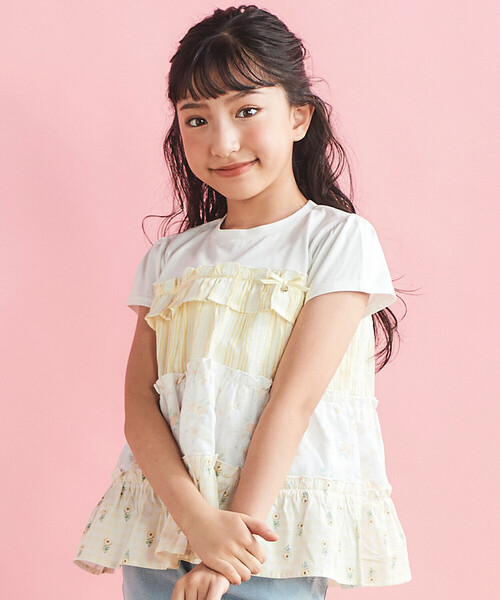 SLAP SLIP(スラップスリップ)の「【お揃い】ストライプ総柄切り替えティアード天竺半袖Tシャツ(80~130cm)(Tシャツ/カットソー・キッズ・パープル系その他/イエロー系その他・80cm/90cm/100cm/130cm/110cm/120cm)」の1枚目の写真